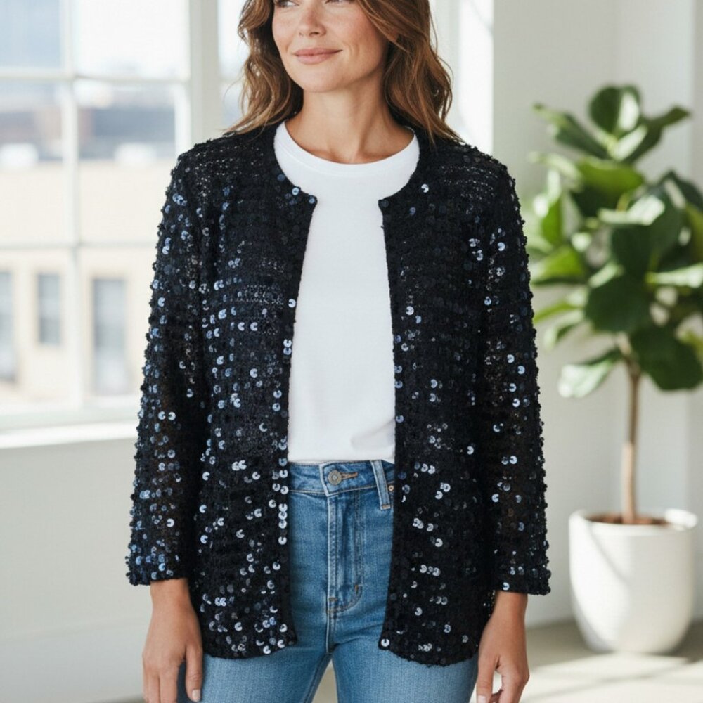 DESIGNER DIANE VON FURSTENBERG BLACK SEQUIN EMBELLISHMENTS LONG SLEEVE SWEATER M